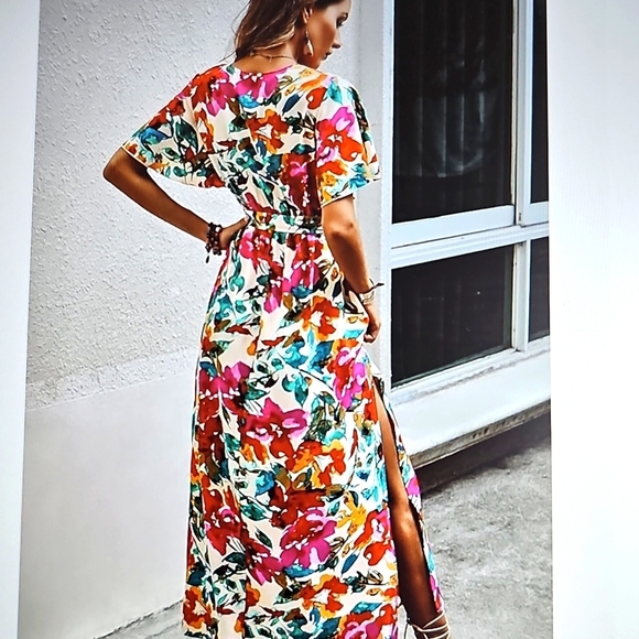 New CCTOO Colorful V Neck Short Sleeve Flowy Maxi Dress w Side Slit & Belt XL - Picture 4 of 14
